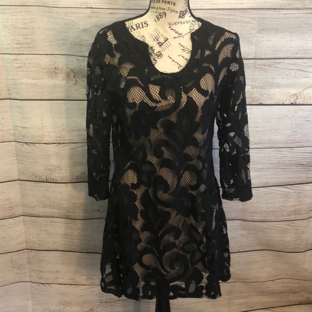 Nic + Zoe Dress Lace Overlay 3/4 Sleeves LBD Little Black Dress Size Small